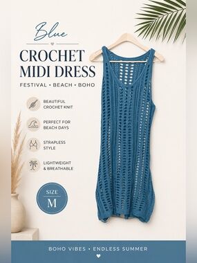 Blue Crochet Cover Up Dress Beach Boho Festival Swim M